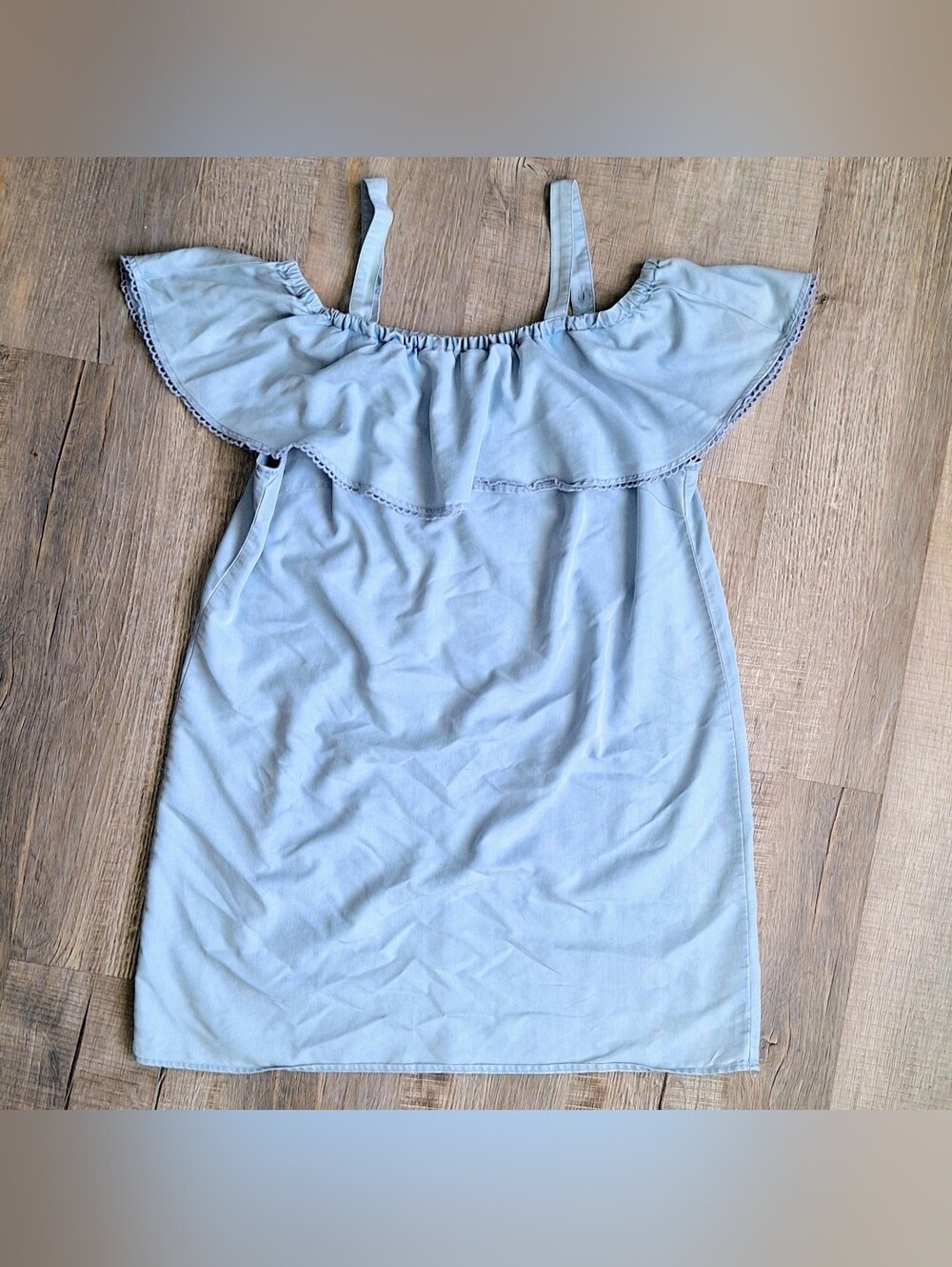 0X/14W Terra & Sky Chambray Off-Shoulder Ruffle Dress